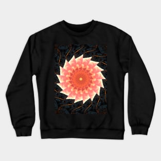 Peach fractal mandala flower on black stone Crewneck Sweatshirt